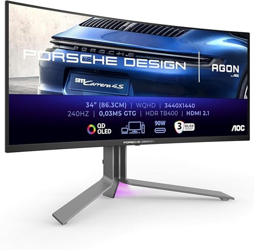 AOC Porsche PD34 34 Inch 3440 x 1440 Pixels Wide Quad HD QD-OLED HDMI DisplayPort USB-C Curved Gaming Monitor