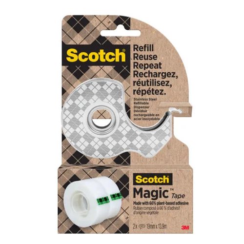 Scotch Stainless Steel Tape Dispenser With 2 Rolls of Scotch Magic Tape 19mm x 13.9m Made With 66% Plant Based Adhesive - 7100334048