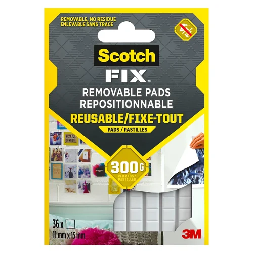 Scotch Fix Removable Adhesive Pads Holds up to 300g 11mm x 15mm (36 Pads Per Strip) White - 7100263372