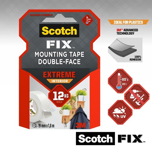 Scotch Fix Extreme Interior Double-sided Mounting Tape Holds up to 12Kg 19mm x 1.8m (Roll) - 7100263859