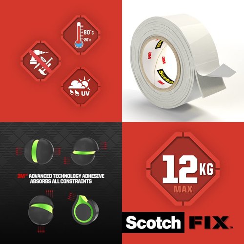 Scotch Fix Extreme Interior Double-sided Mounting Tape Holds up to 12Kg 19mm x 1.8m (Roll) - 7100263859