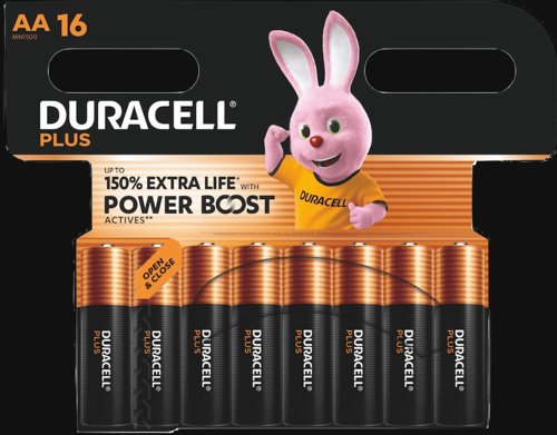 16 Piles Duracell AA Plus Power Boost - Jusqu'à +150% D'Autonomie, Alcalines, LR6/MN1500
