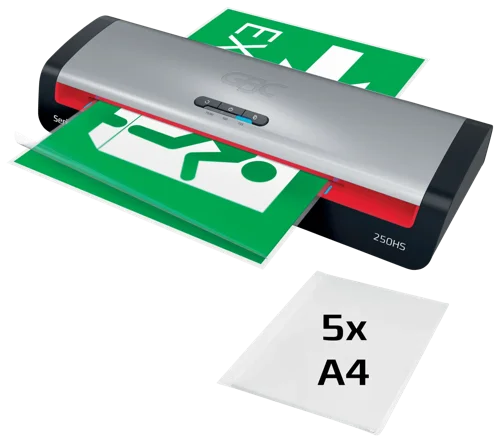69278AC | The GBC 250HS A3 Laminator provides a reliable and efficient solution for everyday office laminating needs. Designed for professional environments, this high-speed laminating machine combines performance with ease of use. Boost productivity and reduce lamination time by 30% using GBC high-speed pouches. With a rapid 1-minute warm-up time, it laminates a 75-micron A4 sheet in just 36 seconds, making it ideal for fast-paced office tasks. The intuitive control panel offers three pouch thickness settings from 75 to 125 microns, providing flexibility for various document types. The panel also features an anti-jam reverse button for smooth removal of misfed pouches. Additionally, the SMART status LED system provides clear visual and audible cues: red during warm-up, blue with a sound when ready, and an automatic shut-off after 15 minutes of inactivity to conserve energy. The SMART entry guide LEDs ensure straight pouch alignment to prevent jams, making every lamination perfect. Protect and preserve your important documents with speed and a smooth, professional finish every time. 