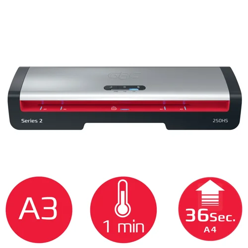 69278AC | The GBC 250HS A3 Laminator provides a reliable and efficient solution for everyday office laminating needs. Designed for professional environments, this high-speed laminating machine combines performance with ease of use. Boost productivity and reduce lamination time by 30% using GBC high-speed pouches. With a rapid 1-minute warm-up time, it laminates a 75-micron A4 sheet in just 36 seconds, making it ideal for fast-paced office tasks. The intuitive control panel offers three pouch thickness settings from 75 to 125 microns, providing flexibility for various document types. The panel also features an anti-jam reverse button for smooth removal of misfed pouches. Additionally, the SMART status LED system provides clear visual and audible cues: red during warm-up, blue with a sound when ready, and an automatic shut-off after 15 minutes of inactivity to conserve energy. The SMART entry guide LEDs ensure straight pouch alignment to prevent jams, making every lamination perfect. Protect and preserve your important documents with speed and a smooth, professional finish every time. 