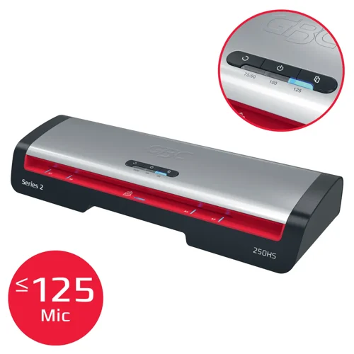 69278AC | The GBC 250HS A3 Laminator provides a reliable and efficient solution for everyday office laminating needs. Designed for professional environments, this high-speed laminating machine combines performance with ease of use. Boost productivity and reduce lamination time by 30% using GBC high-speed pouches. With a rapid 1-minute warm-up time, it laminates a 75-micron A4 sheet in just 36 seconds, making it ideal for fast-paced office tasks. The intuitive control panel offers three pouch thickness settings from 75 to 125 microns, providing flexibility for various document types. The panel also features an anti-jam reverse button for smooth removal of misfed pouches. Additionally, the SMART status LED system provides clear visual and audible cues: red during warm-up, blue with a sound when ready, and an automatic shut-off after 15 minutes of inactivity to conserve energy. The SMART entry guide LEDs ensure straight pouch alignment to prevent jams, making every lamination perfect. Protect and preserve your important documents with speed and a smooth, professional finish every time. 