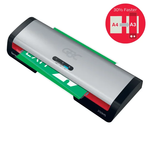 69278AC | The GBC 250HS A3 Laminator provides a reliable and efficient solution for everyday office laminating needs. Designed for professional environments, this high-speed laminating machine combines performance with ease of use. Boost productivity and reduce lamination time by 30% using GBC high-speed pouches. With a rapid 1-minute warm-up time, it laminates a 75-micron A4 sheet in just 36 seconds, making it ideal for fast-paced office tasks. The intuitive control panel offers three pouch thickness settings from 75 to 125 microns, providing flexibility for various document types. The panel also features an anti-jam reverse button for smooth removal of misfed pouches. Additionally, the SMART status LED system provides clear visual and audible cues: red during warm-up, blue with a sound when ready, and an automatic shut-off after 15 minutes of inactivity to conserve energy. The SMART entry guide LEDs ensure straight pouch alignment to prevent jams, making every lamination perfect. Protect and preserve your important documents with speed and a smooth, professional finish every time. 