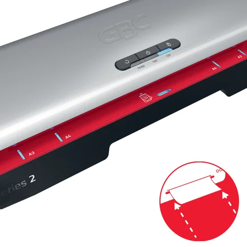 69278AC | The GBC 250HS A3 Laminator provides a reliable and efficient solution for everyday office laminating needs. Designed for professional environments, this high-speed laminating machine combines performance with ease of use. Boost productivity and reduce lamination time by 30% using GBC high-speed pouches. With a rapid 1-minute warm-up time, it laminates a 75-micron A4 sheet in just 36 seconds, making it ideal for fast-paced office tasks. The intuitive control panel offers three pouch thickness settings from 75 to 125 microns, providing flexibility for various document types. The panel also features an anti-jam reverse button for smooth removal of misfed pouches. Additionally, the SMART status LED system provides clear visual and audible cues: red during warm-up, blue with a sound when ready, and an automatic shut-off after 15 minutes of inactivity to conserve energy. The SMART entry guide LEDs ensure straight pouch alignment to prevent jams, making every lamination perfect. Protect and preserve your important documents with speed and a smooth, professional finish every time. 