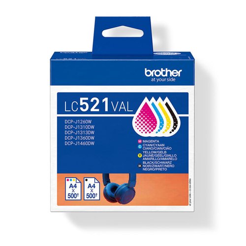Brother Black Cyan Magenta Yellow Standard Capacity Ink Cartridge Multi Pack 500 pages each- LC521VAL
