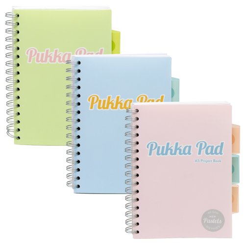 Pukka Pad A5 Wirebound Polypropylene Cover Project Book Ruled 200 Pages Pastel Blue/Pink/Mint (Pack 3) - 2013-PST