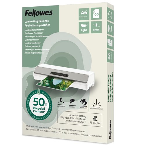 Fellowes Recycled Laminating Pouch A6 2x80 Micron Gloss (Pack 100) - 100143441