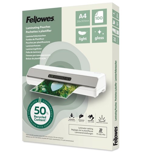 Fellowes Recycled Laminating Pouch A4 2x80 Micron Gloss (Pack 100) - 100142987