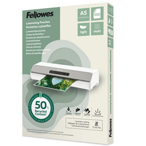 Fellowes Recycled Laminating Pouch A5 2x80 Micron Matt (Pack 100) - 100143437