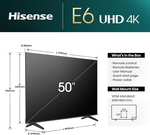Hisense E6N 50 Inch 3840 x 2160 Pixels 4K Ultra HD HDMI USB VIDAA Smart TV
