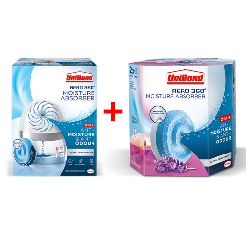 Unibond Aero 360 Humidity System with Neutral Pure 450g Refill PLUS Moisture Absorber 2 in 1 Lavender Garden Refill (Pack 2) FREE 2633427 2631291