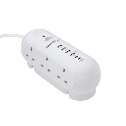 2m Desktop 6 Way Surge Protector with 4 USB A/2 USB C 65W Power Delivery 27-6020S/USB