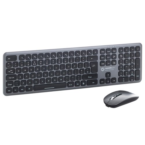 KB238 Wireless Multimedia UK Layout Keyboard & 5 Button Optical Mouse - Silver With Black Keys 24-0238