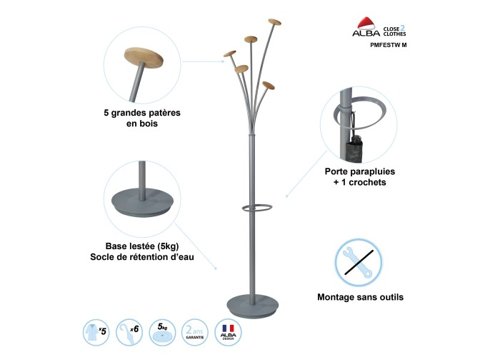 ALBA Festival Coat Stand 5 Pegs Silver Grey and Light Wood - PMFESTW M