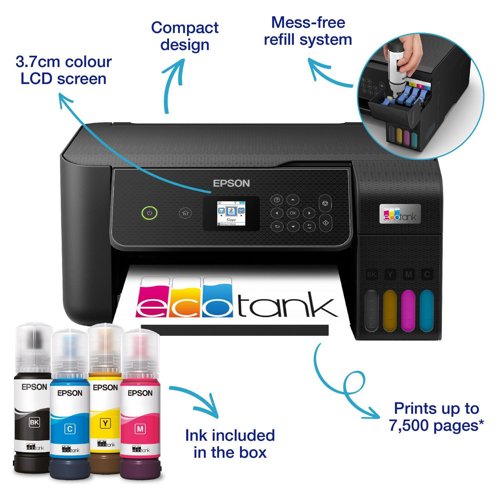 EPSCJ66418 | Save up to 95% on printing costs* with Epson’s cartridge-free EcoTank printers. Supplied with high yield ink bottles, the integrated ink tanks are easy to fill thanks to the specially engineered ink bottles. With no cartridges to replace, flexible connectivity features and an LCD screen, this is the perfect printer for anyone looking for high-quality prints at an incredibly low cost per page.