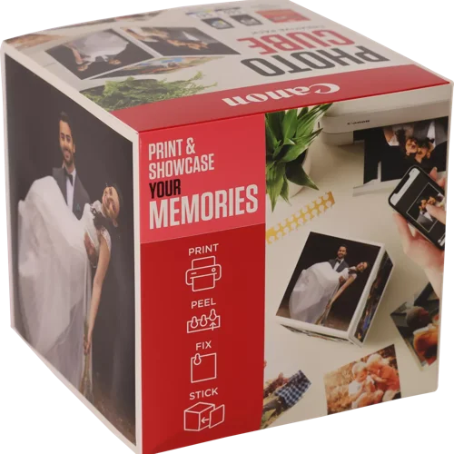 CAN5225B016 | The Photo Cube is a great way to store and display your favourite photos. Small enough to place around your home, you can store your most precious photos inside the box, display the photos on the outside of your box or gift the box to family and friends. You can also use the supplied double-sided tape to decorate the box. The box measures 14 x 14 x 14 cm (approximate), which allows for plenty of space for printed images. The square format is great for social media format printing, making this a great choice for family and friends. This pack is supplied with Genuine Canon PG-540 Black Ink Cartridges, CL-541 C/M/Y Colour Ink Cartridges and 40 5x5” (13 x 13 cm) sheets of square Photo Paper Plus Glossy II, allowing you to get more creative with your printing.