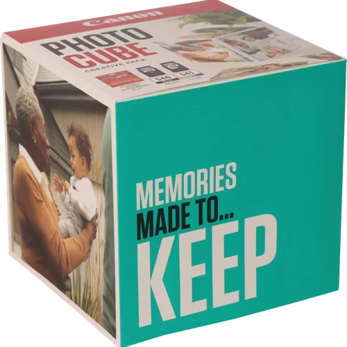 CAN5225B017 | The Photo Cube is a great way to store and display your favourite photos. Small enough to place around your home, you can store your most precious photos inside the box, display the photos on the outside of your box or gift the box to family and friends. You can also use the supplied double-sided tape to decorate the box. The box measures 14 x 14 x 14 cm (approximate), which allows for plenty of space for printed images. The square format is great for social media format printing, making this a great choice for family and friends. This pack is supplied with Genuine Canon PG-540 Black Ink Cartridges, CL-541 C/M/Y Colour Ink Cartridges and 40 5x5” (13 x 13 cm) sheets of square Photo Paper Plus Glossy II, allowing you to get more creative with your printing.