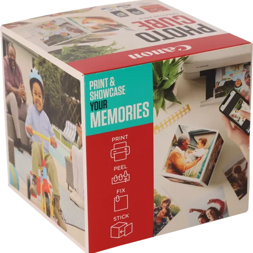 CAN5225B018 | The Photo Cube is a great way to store and display your favourite photos. Small enough to place around your home, you can store your most precious photos inside the box, display the photos on the outside of your box or gift the box to family and friends. You can also use the supplied double-sided tape to decorate the box. The box measures 14 x 14 x 14 cm (approximate), which allows for plenty of space for printed images. The square format is great for social media format printing, making this a great choice for family and friends. This pack is supplied with Genuine Canon PG-540 Black Ink Cartridges, CL-541 C/M/Y Colour Ink Cartridges and 40 5x5” (13 x 13 cm) sheets of square Photo Paper Plus Glossy II, allowing you to get more creative with your printing.