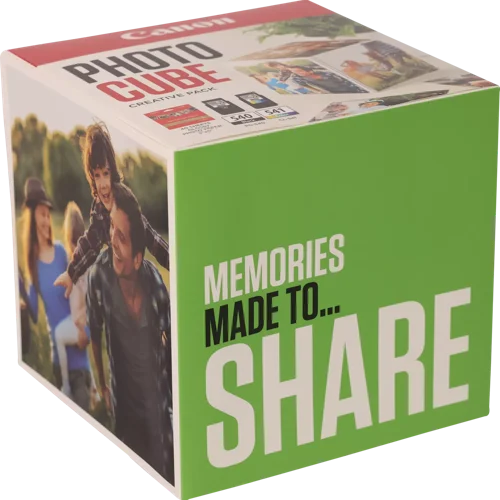 CAN5225B019 | The Photo Cube is a great way to store and display your favourite photos. Small enough to place around your home, you can store your most precious photos inside the box, display the photos on the outside of your box or gift the box to family and friends. You can also use the supplied double-sided tape to decorate the box. The box measures 14 x 14 x 14 cm (approximate), which allows for plenty of space for printed images. The square format is great for social media format printing, making this a great choice for family and friends. This pack is supplied with Genuine Canon PG-540 Black Ink Cartridges, CL-541 C/M/Y Colour Ink Cartridges and 40 5x5” (13 x 13 cm) sheets of square Photo Paper Plus Glossy II, allowing you to get more creative with your printing.