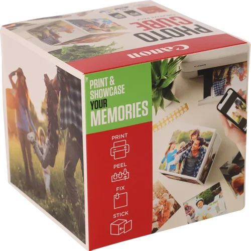 CAN5225B019 | The Photo Cube is a great way to store and display your favourite photos. Small enough to place around your home, you can store your most precious photos inside the box, display the photos on the outside of your box or gift the box to family and friends. You can also use the supplied double-sided tape to decorate the box. The box measures 14 x 14 x 14 cm (approximate), which allows for plenty of space for printed images. The square format is great for social media format printing, making this a great choice for family and friends. This pack is supplied with Genuine Canon PG-540 Black Ink Cartridges, CL-541 C/M/Y Colour Ink Cartridges and 40 5x5” (13 x 13 cm) sheets of square Photo Paper Plus Glossy II, allowing you to get more creative with your printing.