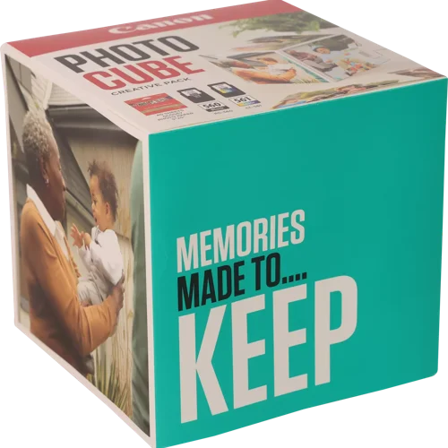 CAN3713C012 | The Photo Cube is a great way to store and display your favourite photos. Small enough to place around your home, you can store your most precious photos inside the box, display the photos on the outside of your box or gift the box to family and friends. You can also use the supplied double-sided tape to decorate the box. The box measures 14 x 14 x 14 cm (approximate), which allows for plenty of space for printed images. The square format is great for social media format printing, making this a great choice for family and friends. This pack is supplied with Genuine Canon PG-560 Black Ink Cartridges, CL-561 C/M/Y Colour Ink Cartridges and 40 5x5” (13 x 13 cm) sheets of square Photo Paper Plus Glossy II, allowing you to get more creative with your printing.