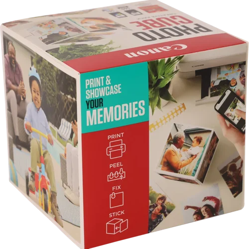 CAN3713C012 | The Photo Cube is a great way to store and display your favourite photos. Small enough to place around your home, you can store your most precious photos inside the box, display the photos on the outside of your box or gift the box to family and friends. You can also use the supplied double-sided tape to decorate the box. The box measures 14 x 14 x 14 cm (approximate), which allows for plenty of space for printed images. The square format is great for social media format printing, making this a great choice for family and friends. This pack is supplied with Genuine Canon PG-560 Black Ink Cartridges, CL-561 C/M/Y Colour Ink Cartridges and 40 5x5” (13 x 13 cm) sheets of square Photo Paper Plus Glossy II, allowing you to get more creative with your printing.