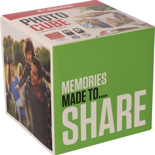 CAN3713C014 | The Photo Cube is a great way to store and display your favourite photos. Small enough to place around your home, you can store your most precious photos inside the box, display the photos on the outside of your box or gift the box to family and friends. You can also use the supplied double-sided tape to decorate the box. The box measures 14 x 14 x 14 cm (approximate), which allows for plenty of space for printed images. The square format is great for social media format printing, making this a great choice for family and friends. This pack is supplied with Genuine Canon PG-560 Black Ink Cartridges, CL-561 C/M/Y Colour Ink Cartridges and 40 5x5” (13 x 13 cm) sheets of square Photo Paper Plus Glossy II, allowing you to get more creative with your printing.