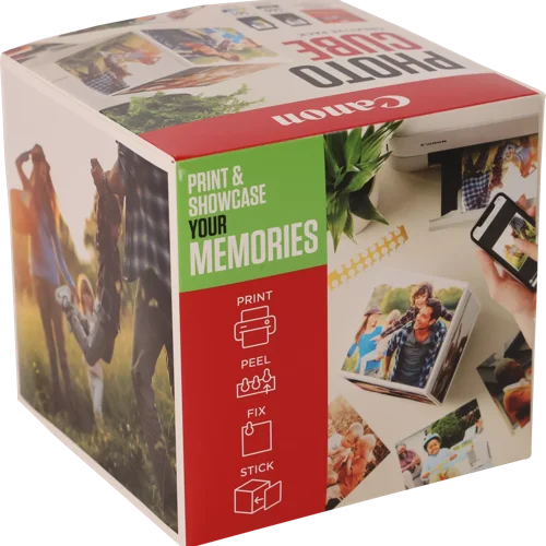 CAN3713C014 | The Photo Cube is a great way to store and display your favourite photos. Small enough to place around your home, you can store your most precious photos inside the box, display the photos on the outside of your box or gift the box to family and friends. You can also use the supplied double-sided tape to decorate the box. The box measures 14 x 14 x 14 cm (approximate), which allows for plenty of space for printed images. The square format is great for social media format printing, making this a great choice for family and friends. This pack is supplied with Genuine Canon PG-560 Black Ink Cartridges, CL-561 C/M/Y Colour Ink Cartridges and 40 5x5” (13 x 13 cm) sheets of square Photo Paper Plus Glossy II, allowing you to get more creative with your printing.