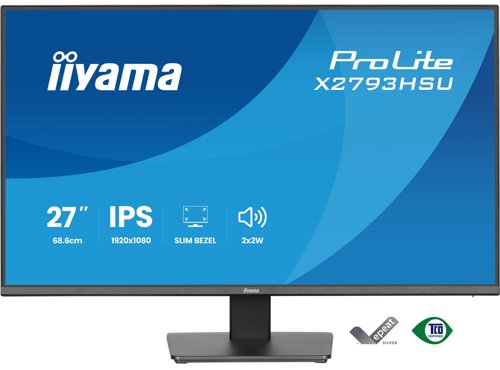 36287J | Eco-conscious 27" IPS monitor with ergonomic stand for modern workplacesThe ProLite X2793HSU is perfect if you need a compact, high-performance monitor that fits seamlessly into a multi-screen workspace. The four-side ultra-slim bezel design gives you a clean, modern desk setup and uninterrupted viewing across displays.You’ll enjoy sharp detail, vivid colours and wide viewing angles with the IPS panel, while the 120Hz refresh rate keeps everything smooth and responsive. Flicker-free technology and a blue light reducer support your eye comfort during long hours of use.Built-in speakers, a two-port USB hub, HDMI and DisplayPort inputs, and a headphone socket keep your workspace simple and connected. With EPEAT registration, TCO10 compliance and an Energy Label C rating, it’s a smart, sustainable choice that works as hard as you do.