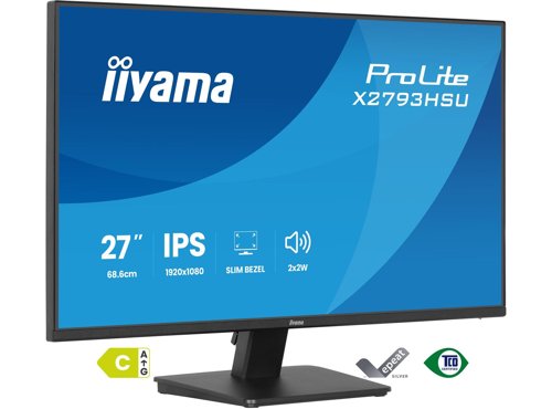 36287J | Eco-conscious 27" IPS monitor with ergonomic stand for modern workplacesThe ProLite X2793HSU is perfect if you need a compact, high-performance monitor that fits seamlessly into a multi-screen workspace. The four-side ultra-slim bezel design gives you a clean, modern desk setup and uninterrupted viewing across displays.You’ll enjoy sharp detail, vivid colours and wide viewing angles with the IPS panel, while the 120Hz refresh rate keeps everything smooth and responsive. Flicker-free technology and a blue light reducer support your eye comfort during long hours of use.Built-in speakers, a two-port USB hub, HDMI and DisplayPort inputs, and a headphone socket keep your workspace simple and connected. With EPEAT registration, TCO10 compliance and an Energy Label C rating, it’s a smart, sustainable choice that works as hard as you do.