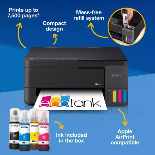 EPSC11CL62401 | Save up to 95% on printing costs with Epson’s cartridge-free EcoTank printers. With up to 3 years of ink included, the integrated ink tanks are easy to fill thanks to the specially engineered ink bottles. With an ultra-compact design and flexible, reliable connectivity features, this is the perfect printer for anyone looking for consistent high-quality prints at an incredibly low cost-per-page.