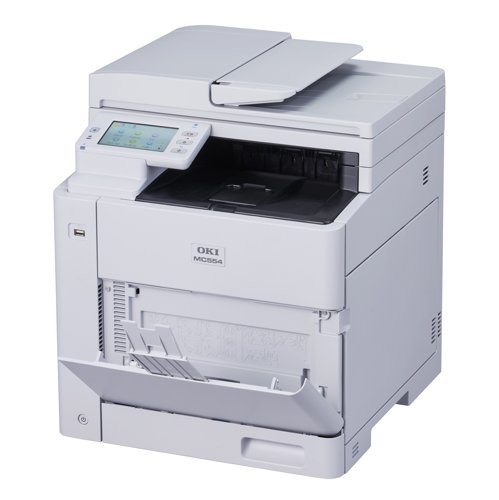 OKI9006253 | The MC554 is a versatile A4 colour multifunction printer designed to meet the demands of modern offices. Despite its compact footprint, it delivers the performance, responsiveness, and functionality expected from a professional MFP, combining print, scan, copy, and fax from a single, easy-to-manage device.Fast first-page output and responsive operation help keep everyday tasks moving, while flexible paper handling supports a wide range of document types, sizes, and weights. The optional additional tray increase capacity to meet the needs of growing teams and higher workloads, reducing interruptions and improving productivity.Designed with usability and efficiency in mind, the MC554 features an intuitive user interface, low power consumption, and robust construction. High-speed scanning, secure document handling, and modern connectivity options support efficient workflows across shared office environments.