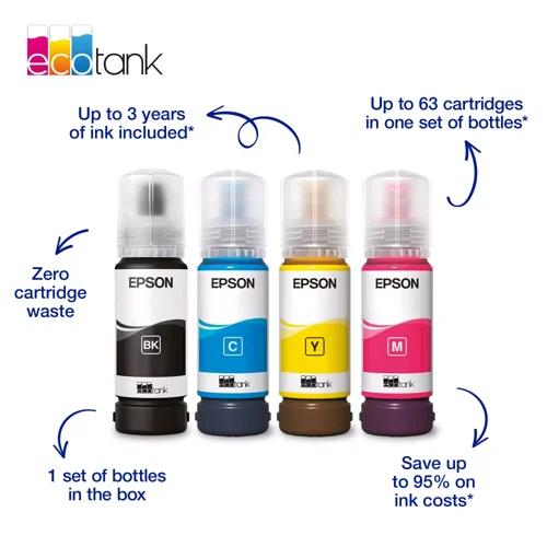 EPSC11CL62408C | Save up to 95% on printing costs* with Epson’s cartridge-free EcoTank printers. With up to 3 years of ink included, the integrated ink tanks are easy to fill thanks to the specially engineered ink bottles. With an ultra-compact design and flexible, reliable connectivity features, this is the perfect printer for anyone looking for consistent high-quality prints at an incredibly low cost-per-page.