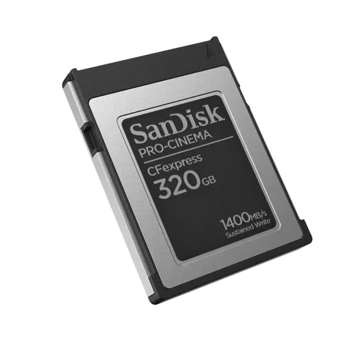 SDCFEC320G | The SanDisk PRO-CINEMA CFexpress™ cards provide the super-fast minimum sustained write speed performance that professional videographers need to deliver the highest quality cinematic footage. With flawless 8K video capture, blazing-fast burst speeds, and exceptional durability, you'll be able to bring your best to each and every set.Cinema-Quality FootageWith minimum sustained write speeds of 1400MB/s, the SanDisk PRO-CINEMA CFexpress Type B card lets you capture cinema-quality 8K2 video without dropping frames. Add maximum impact to your footage with ultra-smooth slow motion and super-slow motion.Blazing-Fast Speeds  With burst write speeds of up to 1500MB/s and read speeds of up to 1700MB/s the card lets you capture in high frame rates, making it an ideal choice for capturing high-resolution images in continuous burst mode and completing high-speed transfers. Durable EnclosureHelp protect your irreplaceable footage and photos with a durable  enclosure. Hand it off knowing it withstands up to 1-meter drops and the pressure of up to 50 newtons.Designed for ProfessionalsGet the most out of your cinema camera with a reliable, professional-performance memory card from the SanDisk brand. A card that keeps up with the demands of the videography, photography, and film industries to help you capture the perfect footage, every time.PRO-READER and PRO-DOCK 4 CompatiblePair your PRO-CINEMA CFexpress Type B card with SanDisk Professional PRO-READER CFexpress and PRO-DOCK 4 devices (sold separately) for scalable, simultaneous offloads that help to maximize productivity. 