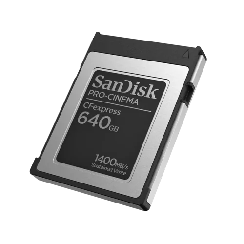 SDCFEC640G | The SanDisk PRO-CINEMA CFexpress™ cards provide the super-fast minimum sustained write speed performance that professional videographers need to deliver the highest quality cinematic footage. With flawless 8K video capture, blazing-fast burst speeds, and exceptional durability, you'll be able to bring your best to each and every set.Cinema-Quality FootageWith minimum sustained write speeds of 1400MB/s, the SanDisk PRO-CINEMA CFexpress Type B card lets you capture cinema-quality 8K2 video without dropping frames. Add maximum impact to your footage with ultra-smooth slow motion and super-slow motion.Blazing-Fast Speeds  With burst write speeds of up to 1500MB/s and read speeds of up to 1700MB/s the card lets you capture in high frame rates, making it an ideal choice for capturing high-resolution images in continuous burst mode and completing high-speed transfers. Durable EnclosureHelp protect your irreplaceable footage and photos with a durable  enclosure. Hand it off knowing it withstands up to 1-meter drops and the pressure of up to 50 newtons.Designed for ProfessionalsGet the most out of your cinema camera with a reliable, professional-performance memory card from the SanDisk brand. A card that keeps up with the demands of the videography, photography, and film industries to help you capture the perfect footage, every time.PRO-READER and PRO-DOCK 4 CompatiblePair your PRO-CINEMA CFexpress Type B card with SanDisk Professional PRO-READER CFexpress and PRO-DOCK 4 devices (sold separately) for scalable, simultaneous offloads that help to maximize productivity. 