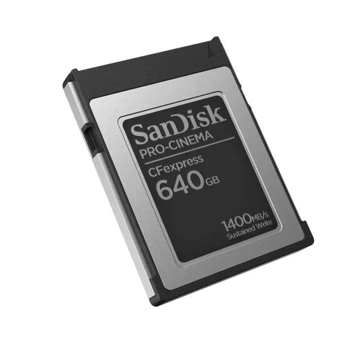 SDCFEC640G | The SanDisk PRO-CINEMA CFexpress™ cards provide the super-fast minimum sustained write speed performance that professional videographers need to deliver the highest quality cinematic footage. With flawless 8K video capture, blazing-fast burst speeds, and exceptional durability, you'll be able to bring your best to each and every set.Cinema-Quality FootageWith minimum sustained write speeds of 1400MB/s, the SanDisk PRO-CINEMA CFexpress Type B card lets you capture cinema-quality 8K2 video without dropping frames. Add maximum impact to your footage with ultra-smooth slow motion and super-slow motion.Blazing-Fast Speeds  With burst write speeds of up to 1500MB/s and read speeds of up to 1700MB/s the card lets you capture in high frame rates, making it an ideal choice for capturing high-resolution images in continuous burst mode and completing high-speed transfers. Durable EnclosureHelp protect your irreplaceable footage and photos with a durable  enclosure. Hand it off knowing it withstands up to 1-meter drops and the pressure of up to 50 newtons.Designed for ProfessionalsGet the most out of your cinema camera with a reliable, professional-performance memory card from the SanDisk brand. A card that keeps up with the demands of the videography, photography, and film industries to help you capture the perfect footage, every time.PRO-READER and PRO-DOCK 4 CompatiblePair your PRO-CINEMA CFexpress Type B card with SanDisk Professional PRO-READER CFexpress and PRO-DOCK 4 devices (sold separately) for scalable, simultaneous offloads that help to maximize productivity. 