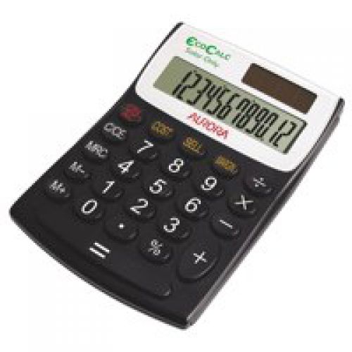Aurora EcoCalc Desktop Calculator Recycled Solar And Battery Power 12 Digit 3 Key Memory