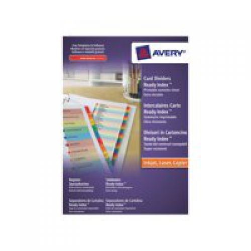 Avery Readyindex Divider 1-20 A4 Punched 190gsm Card White with Coloured Mylar Tabs 01966501