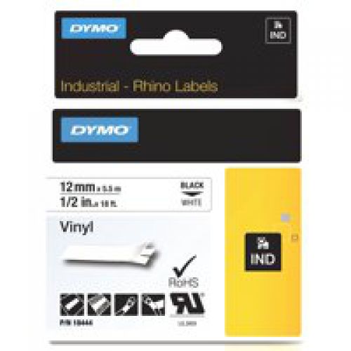 Dymo Tape 12mm Black on White Vinyl