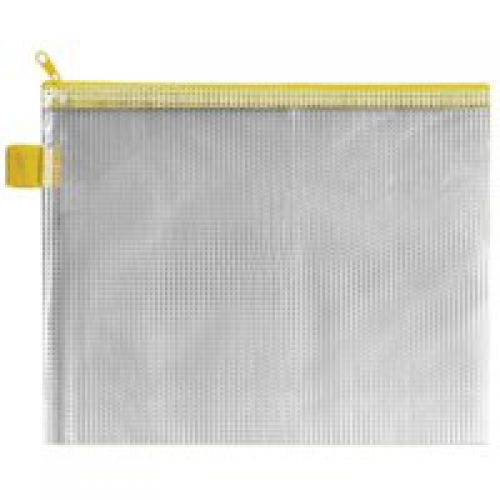 Zip Pouch Reinforced Mesh-weave PVC Clear Yellow Seal 240x190mm A5 [Pack 5]