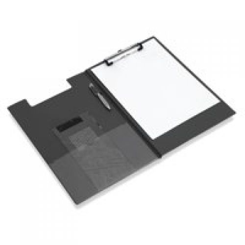 30199RA | Foolscap clipboard with strong pad clip and pen holder. Foldover clipboard foldover cover with clear internal front pocket with penholder in spine. Colour Black.