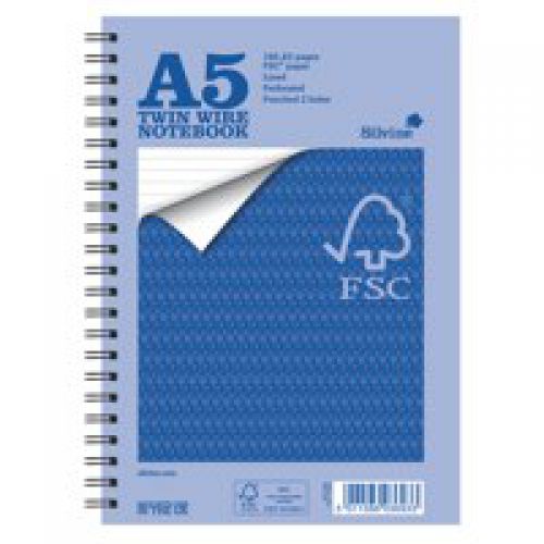 Silvine FSC A5 Wirebound Card Cover Notebook Ruled 160 Pages Blue (Pack 5)