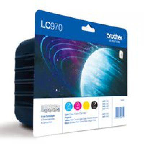 BRLC970VALBP | Brother LC970 value blister pack includes: 1 x LC970BK Black ink cartridge 1 x LC970M Magenta ink cartridge 1 x LC970Y Yellow ink cartridge 1 x LC970C Cyan ink cartridge. (Approx. 300 A4 pages per colour cartridge and 350 A4 pages for Black).