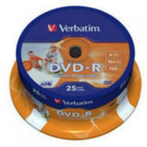VER43538 | DVD-R Wide Inkjet Printable ID Brand. Verbatim's DVD-R was designed to meet the needs of users who demand a higher capacity. Therefore designed primarily for businesses and consumers for data archiving, video, audio, multimedia imaging and more! AZO recording layer. Superior archiving life. Read compatible with DVD-ROM and DVD-Video players. Lifetime Warranty.