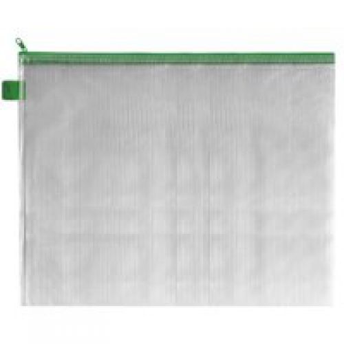 Zip Pouch Reinforced Mesh-weave PVC Clear Green Seal 405x315mm (B4) [Pack 5]