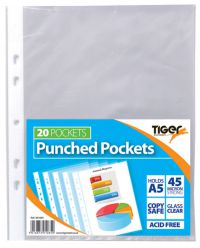 Tiger Multi Punched Pocket Polypropylene A5 45 Micron Top Opening Clear (Pack 20) - 301085