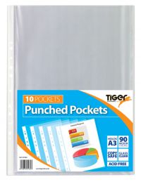 Tiger Multi Punched Pocket Polypropylene A3 45 Micron Top Opening Portrait Clear (Pack 10) - 301084